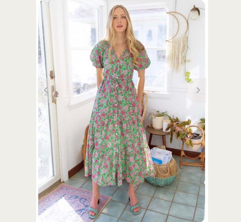 Banjanan Poppy Dress Melodic Floral Patina Green Pink Maxi Womens Small EUC